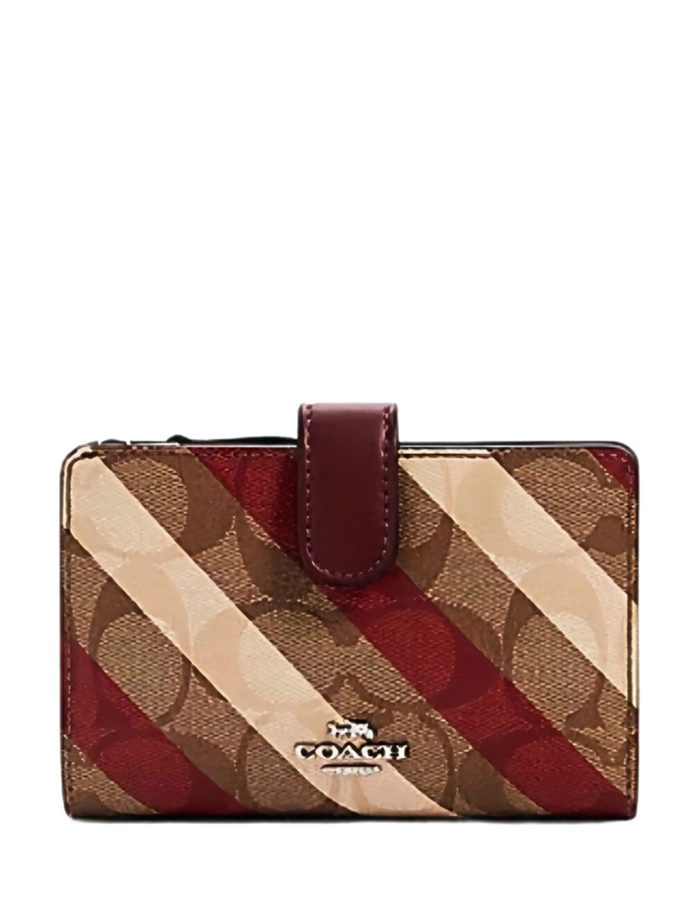 🆕 Coach Ivory Maroon Signature Diagonal Stripe Medium Corner Zip Wallet Clutch
